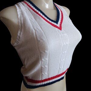 Women's XS True Vintage Tennis Sweater White Cable Knit Sleeveless V-Neck Trim